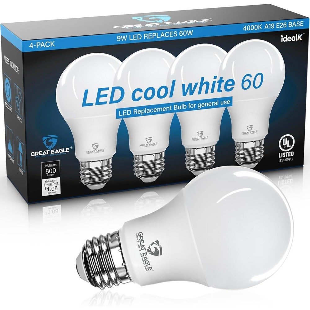 Pack of 4 Great Eagle A19 LED Light Bulbs 60 Watt Equivalent Cool White 4000K L